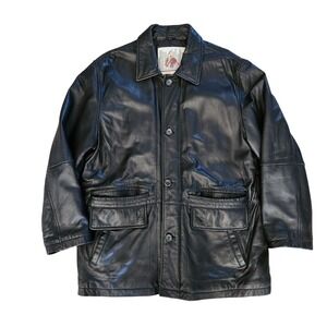 VTG Urban Cowboy Leather Jacket Men's Large Black Long Heavy Coat Pockets‎